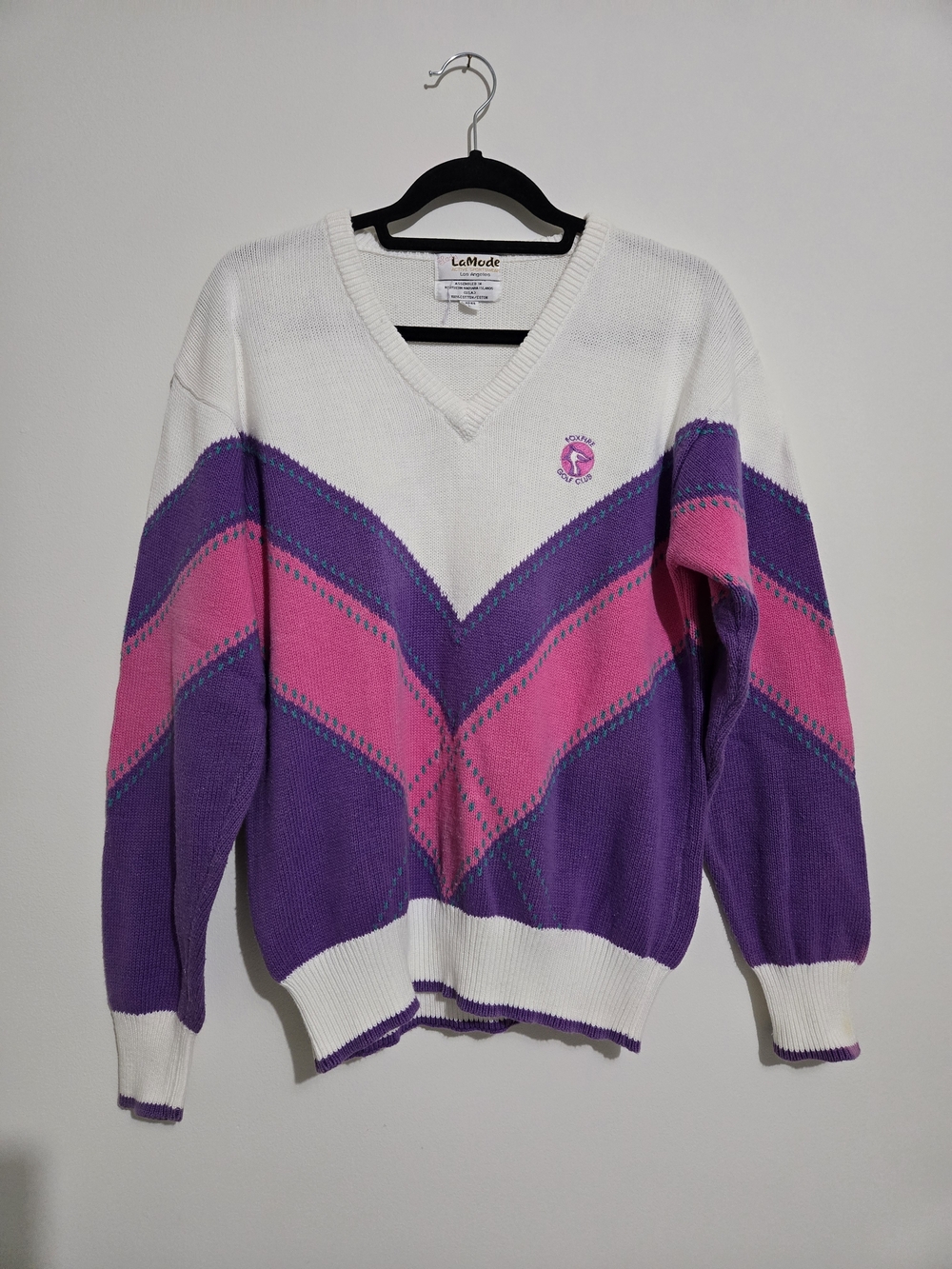 Women's White, Purple & Pink V-Neck Chevron Sweater GOLF